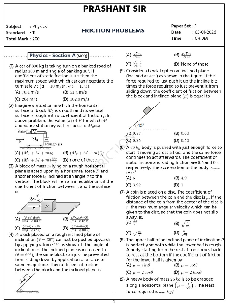 Friction Problems for Physics Class 11 | PDF | Force | Friction