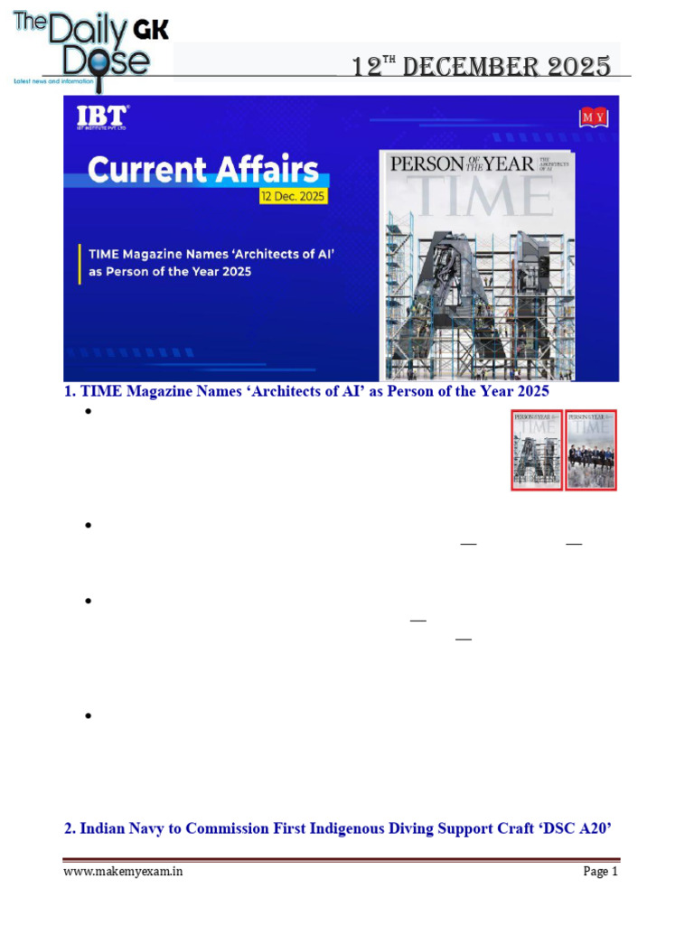 Current Affairs English 12th December 2025 | PDF | Artificial ...