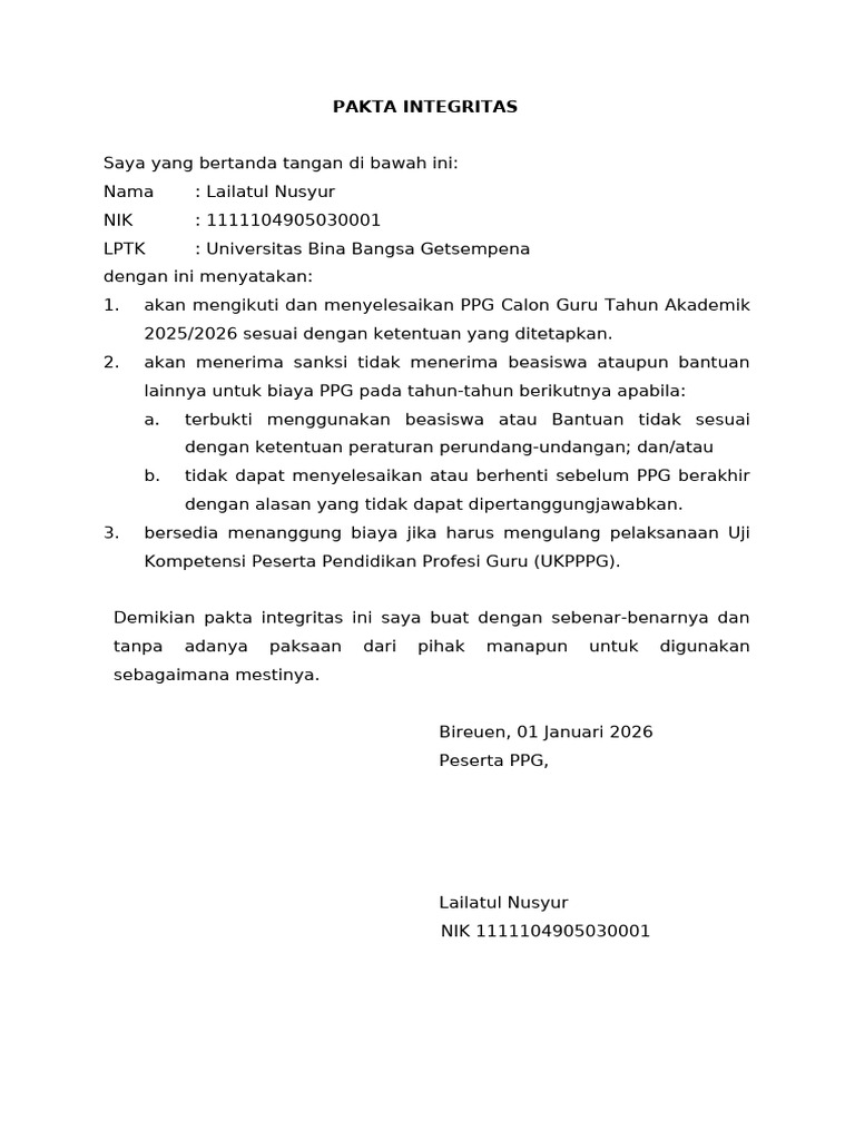 Pakta Integritas PPG Calon Guru 2025/2026 | PDF