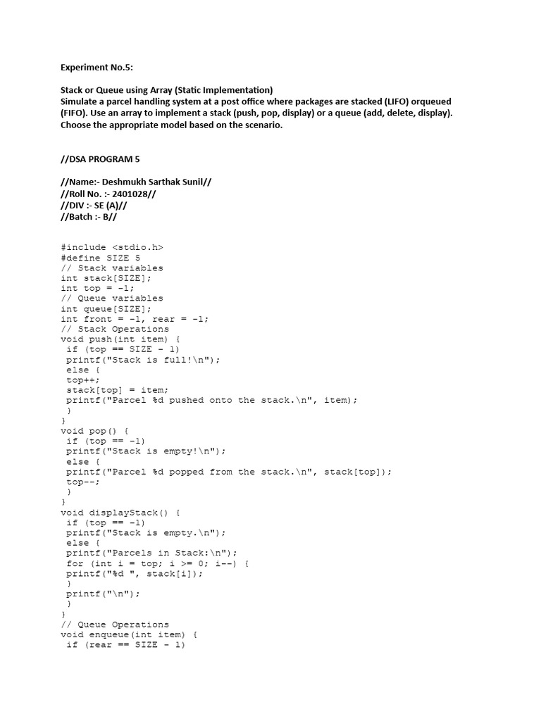 Stack and Queue Implementation in C | PDF | Queue (Abstract Data Type ...
