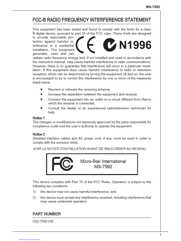 FCC Compliance for MS-7592 Device | PDF | Computer Hardware | Computer ...