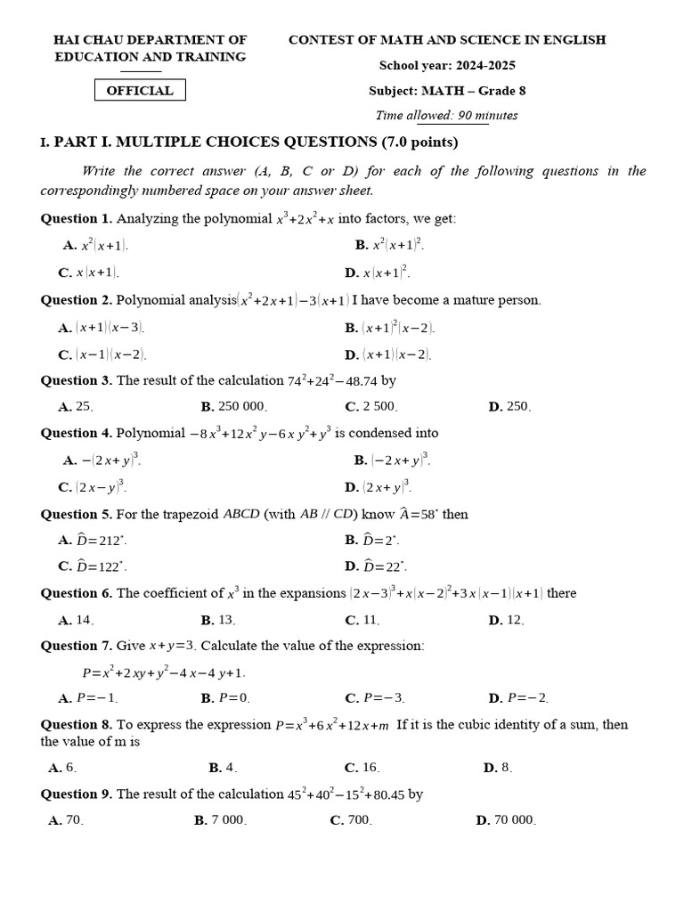 Grade 8 Math Contest Questions 2024-2025 | PDF | Abstract Algebra | Algebra