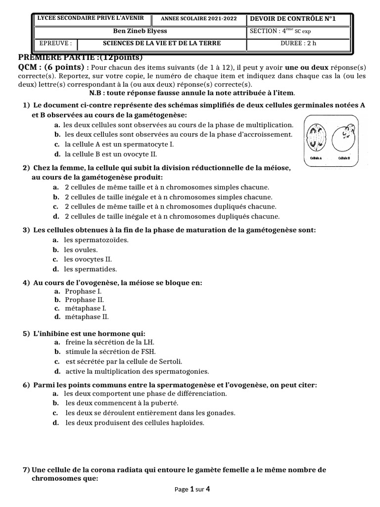 QCM et QROC sur la gamétogenèse et hormones | PDF | Système endocrinien ...
