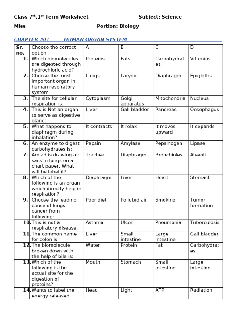 7th Grade Science Worksheet: Human Organs | PDF | Digestion ...