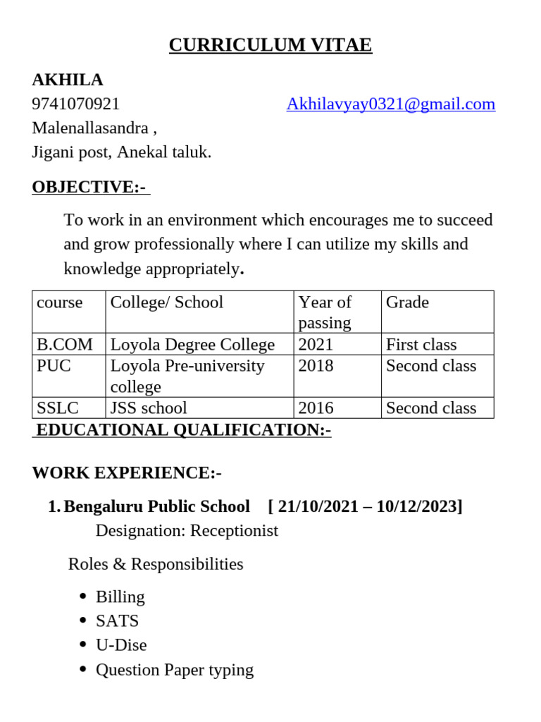 Akhila's Professional CV and Experience | PDF