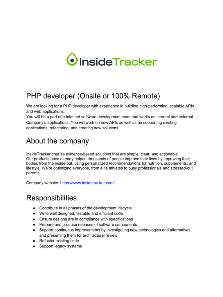 PHP Developer Job Opening at InsideTracker | PDF