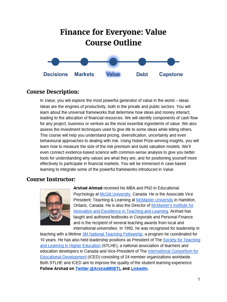 Finance Course: Value Creation Insights | PDF | Learning | Risk