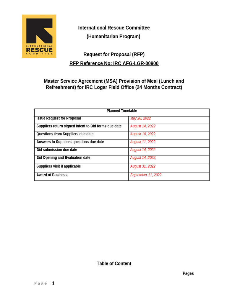 RFP IRC AFG LGR 0900 Accomodation Rental Hall | PDF | Specification ...