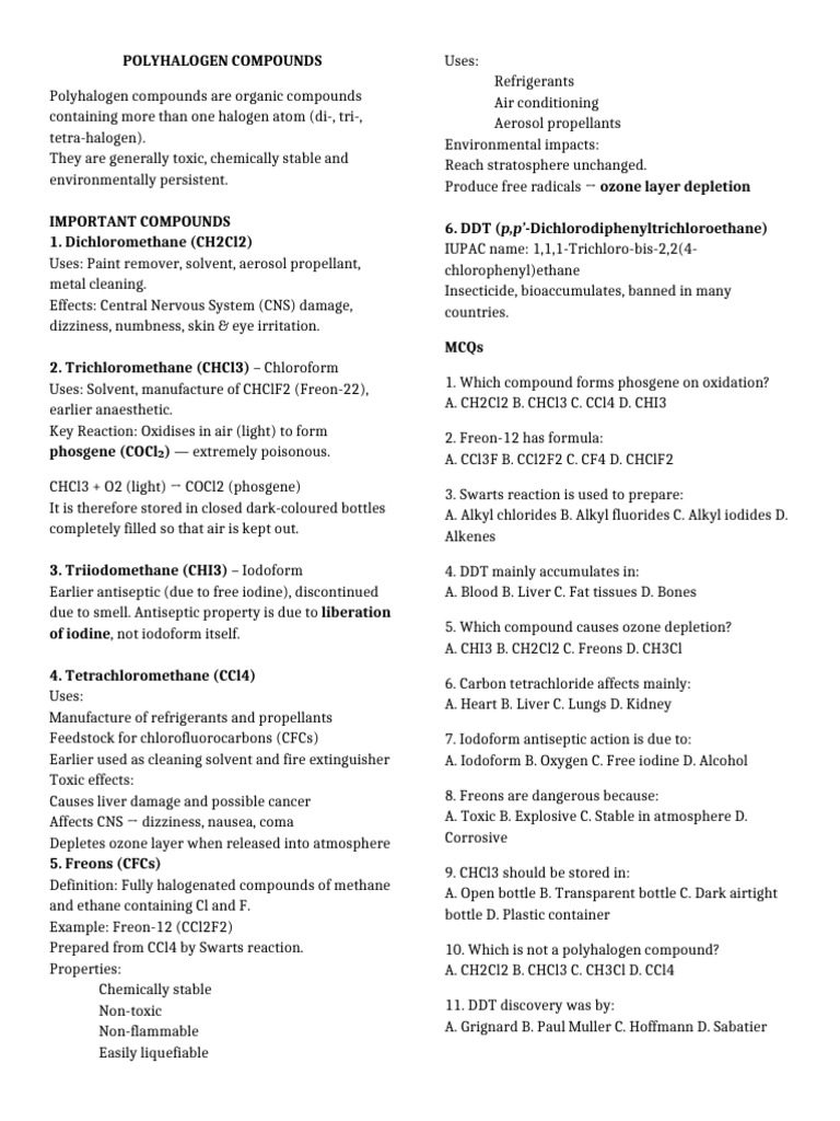 Toxicity and Uses of Polyhalogen Compounds | PDF | Chloroform ...