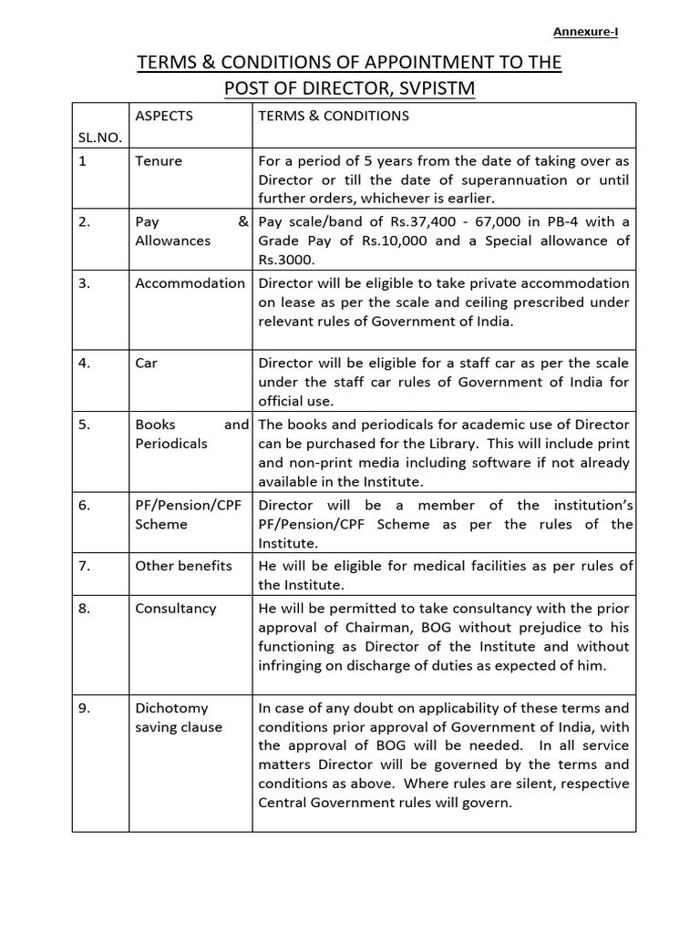 Director Appointment Terms - SVPISTM | PDF