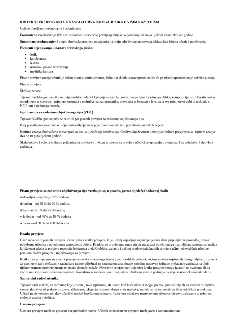 Kriteriji Vrednovanja U Nastavi Hrvatskoga Jezika U Visim Razredima | PDF