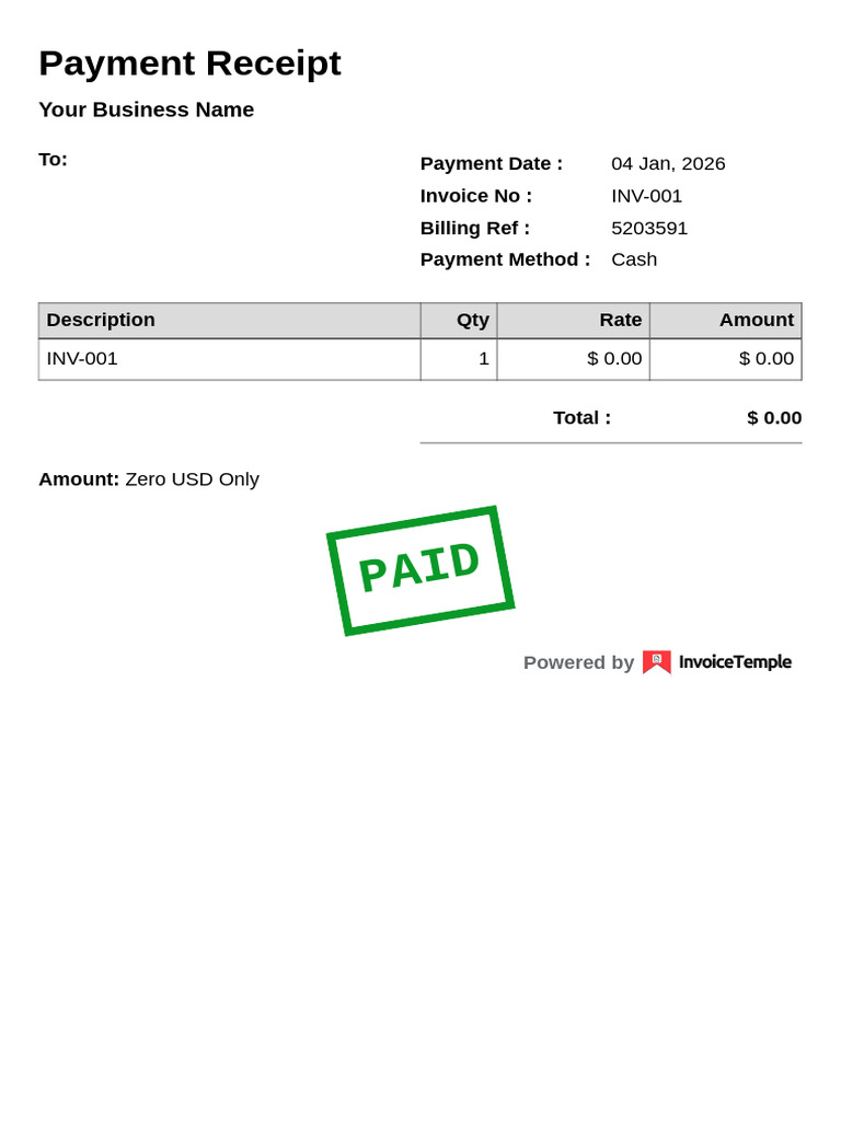 Payment Receipt - Zero Amount Invoice | PDF