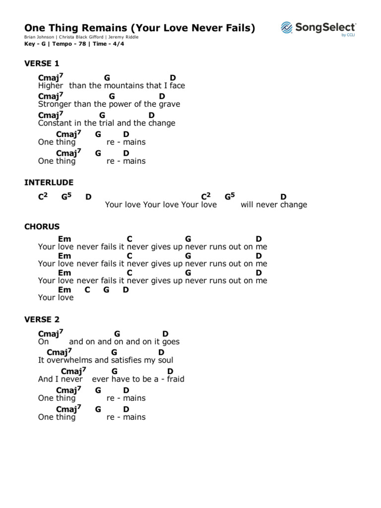 One Thing Remains - SongSelect Chart in G | PDF