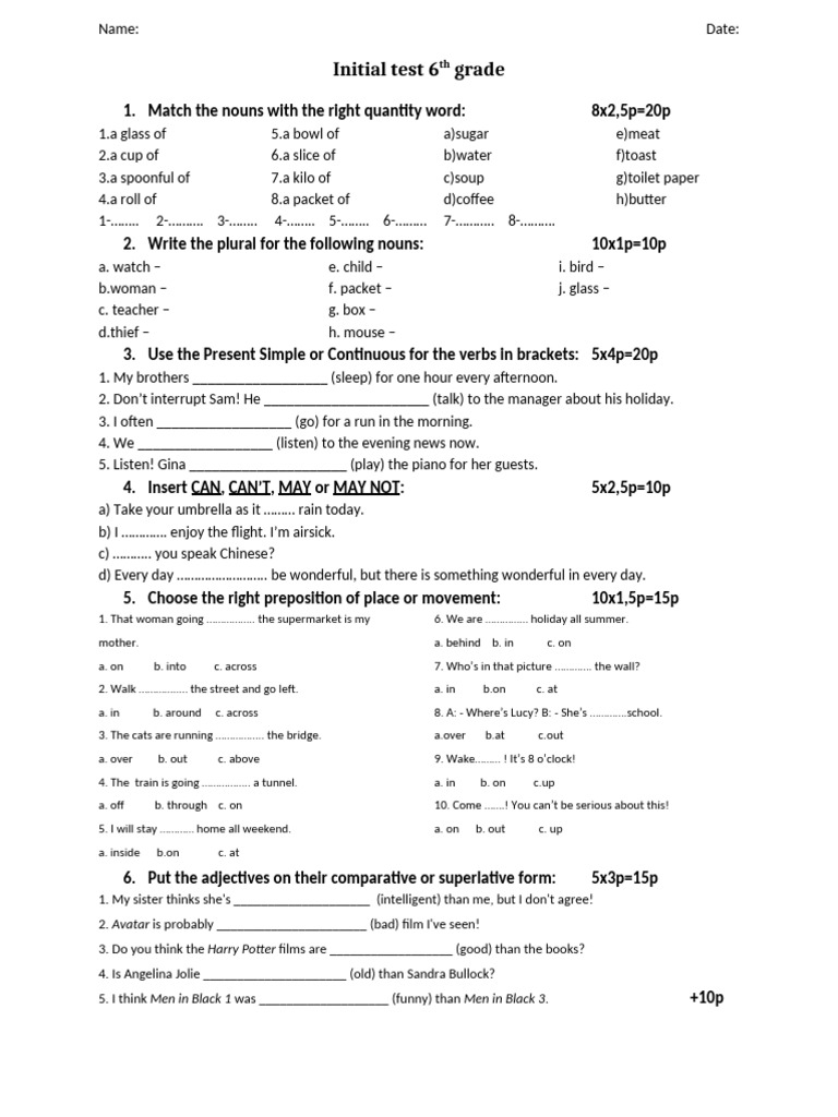 6th Grade English Test: Nouns, Verbs, Prepositions | PDF | Linguistic