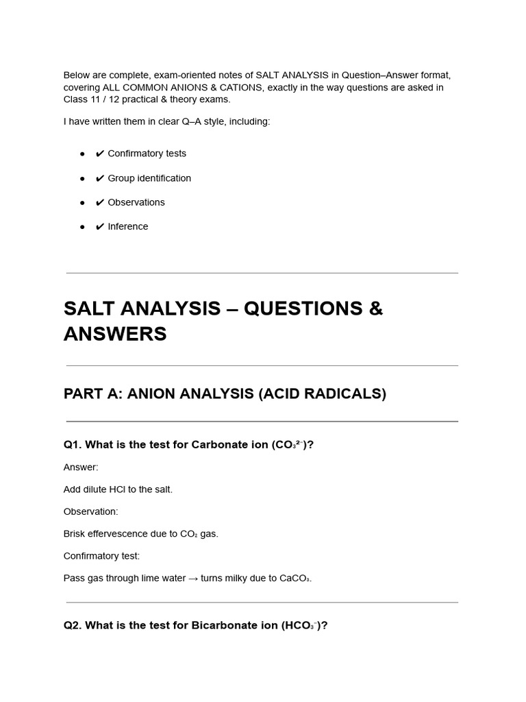 Salt Analysis Q&A for Class 11/12 Exams | PDF | Atoms | Chemical Elements