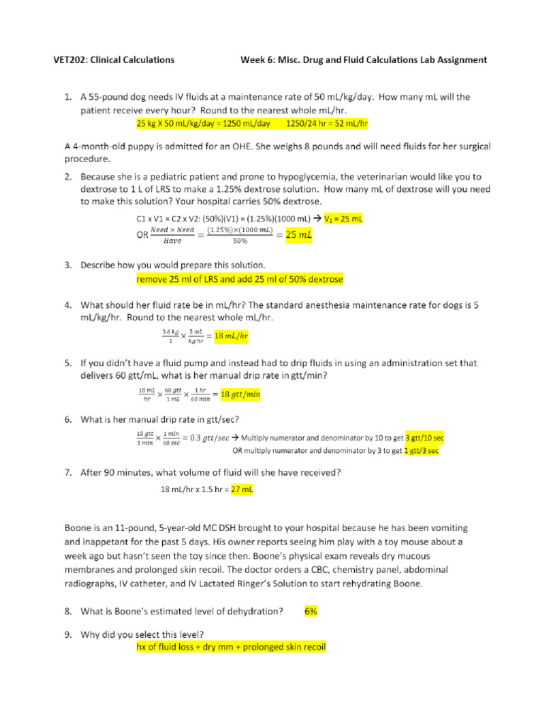 VET303 Clinical Calculations 07 Misc Drug and Fluid Administration Lab ...