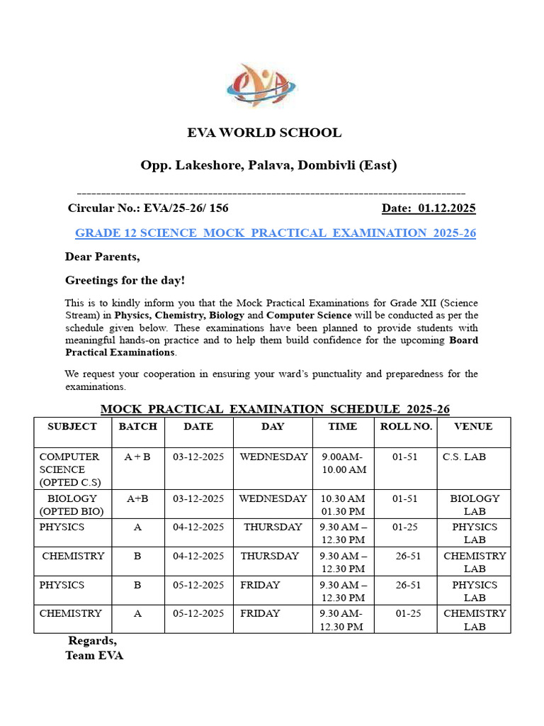 Grade 12 Science Mock Practical Exam Schedule | PDF