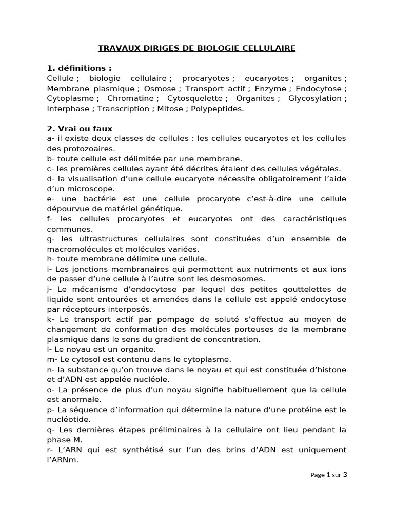 Travaux dirigés en biologie cellulaire | PDF | Cellule (Biologie ...