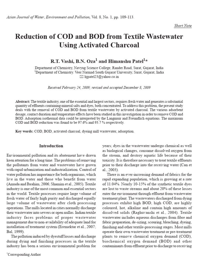COD and BOD Reduction in Textile Wastewater | PDF | Adsorption | Materials