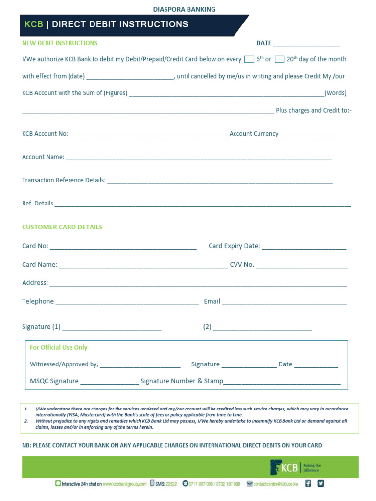 KCB Bank Direct Debit Authorization Form | PDF | Debit Card | Credit Card