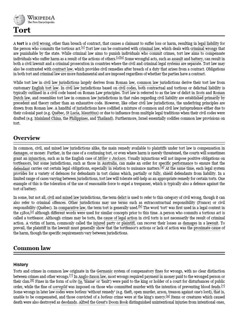 Tort - Wikipedia | PDF | Tort | Negligence