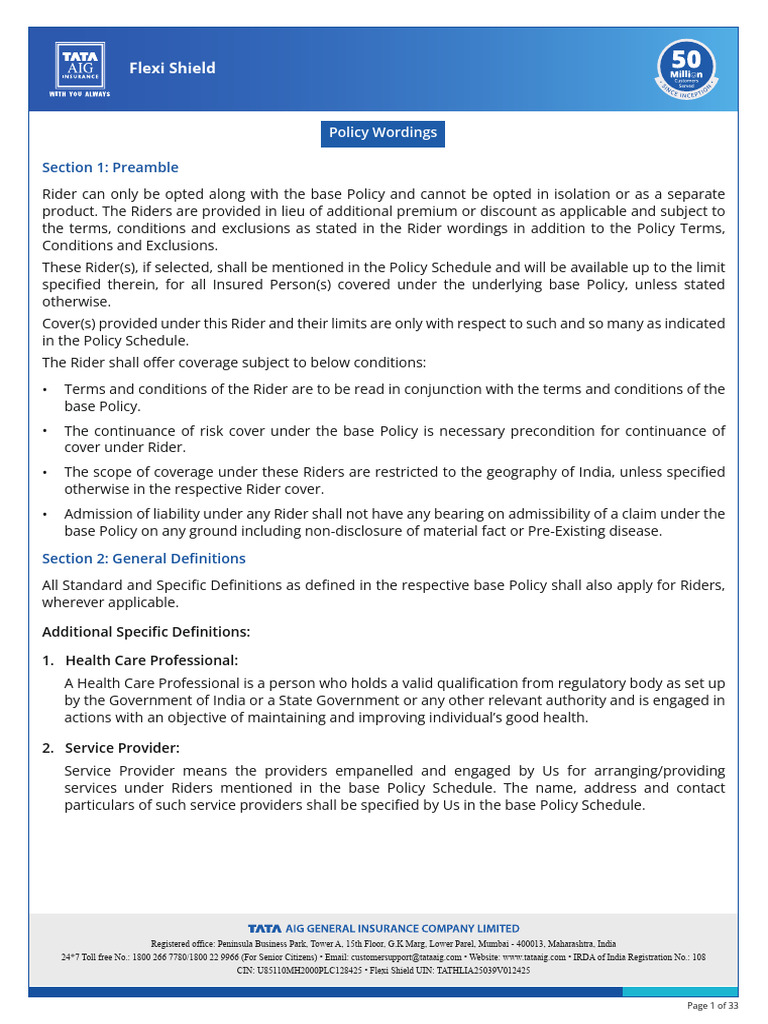 Rider Policy Wording Ec98b83452 | PDF | Insurance | Surgery