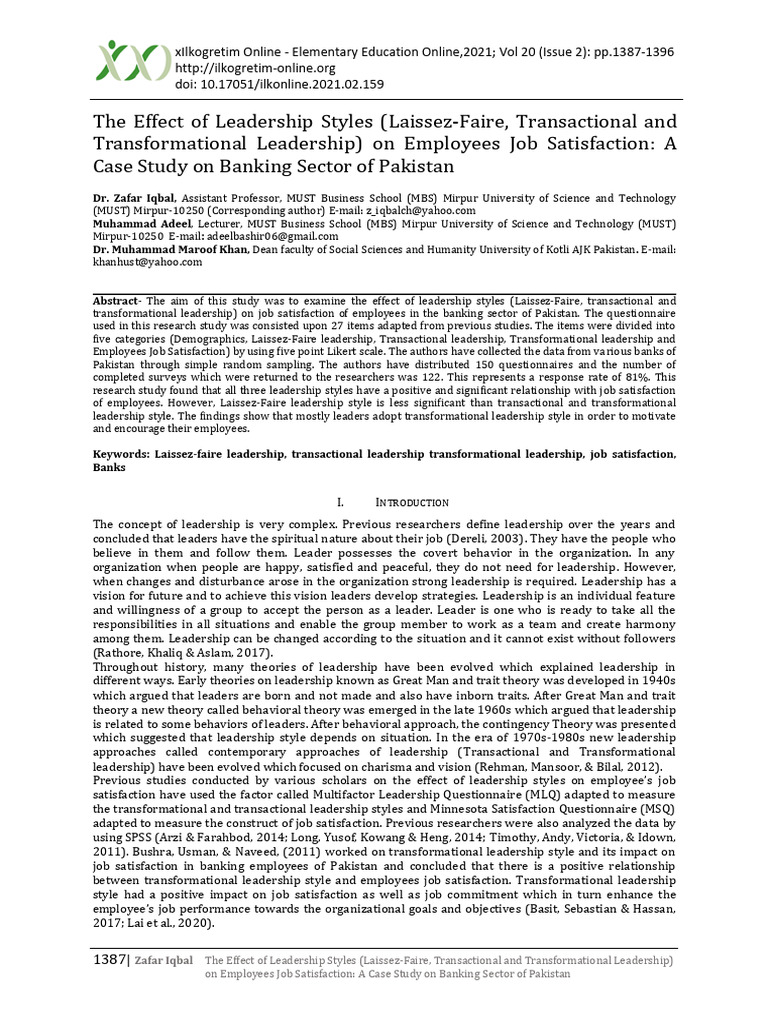 Leadership Styles and Job Satisfaction in Banking | PDF | Leadership ...