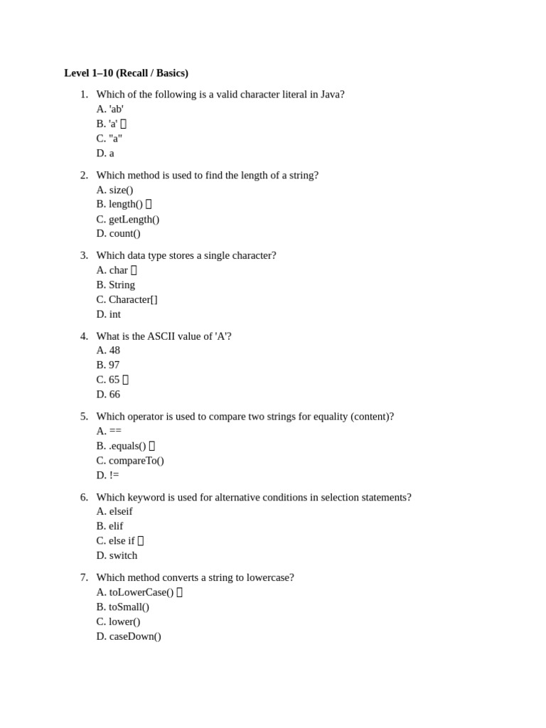 Java String and Character Basics Quiz | PDF | String (Computer Science ...