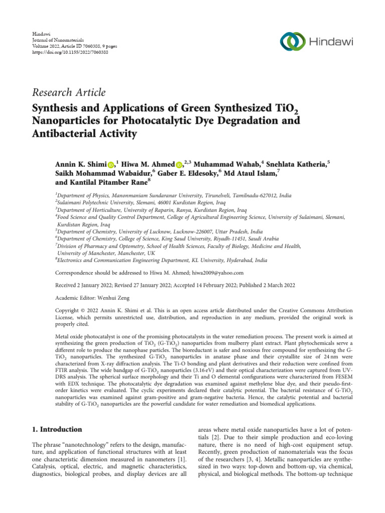 Green TiO2 Nanoparticles for Dye Degradation | PDF | Nanoparticle ...