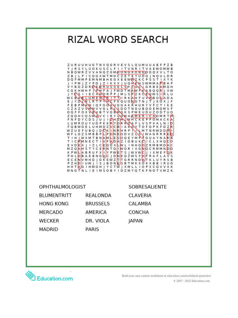 Rizal Word Search Worksheet | PDF