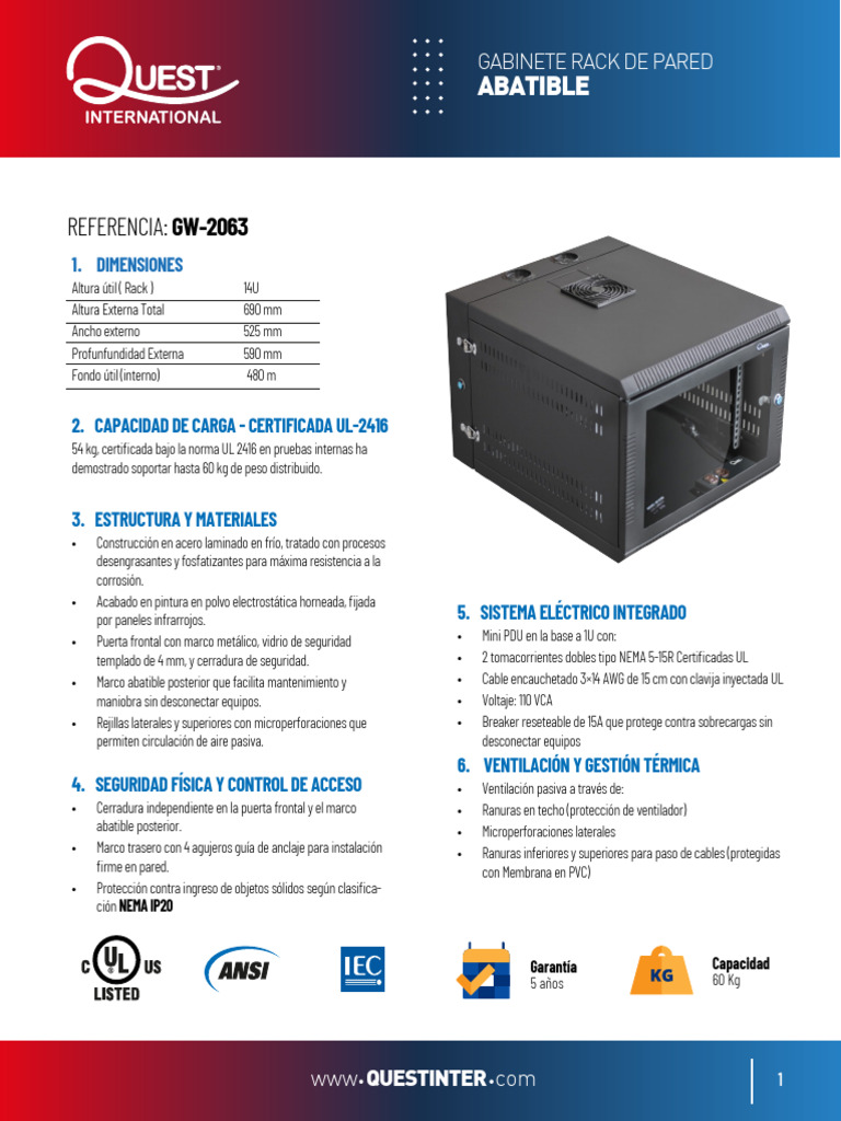 Gabinete Rack Pared Abatible 14U GW-2063 | PDF | Tornillo