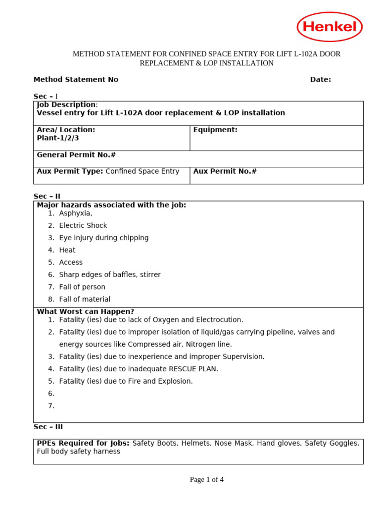 Method Statement - Confined Space Entry | PDF | Personal Protective ...