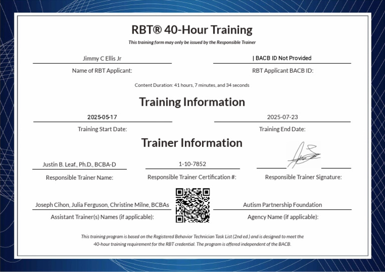 RBT 40-Hour Training Certification Form | PDF