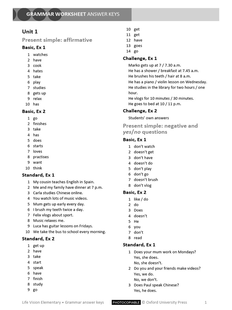 Grammar Answer Keys for Life Vision | PDF