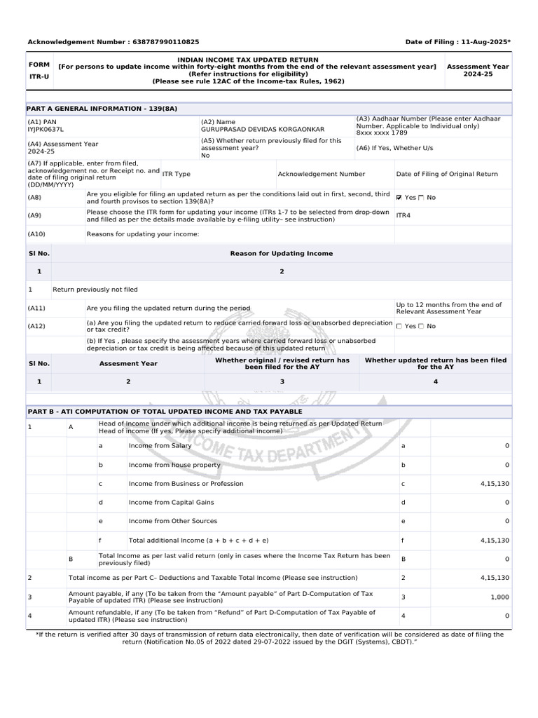 ITR-U Updated Return Form 2024-25 | PDF | Tax Refund | Tax Deduction
