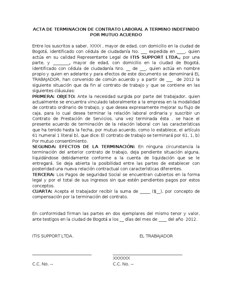 Acta De Terminacion De Contrato Por Mutuo Acuerdo