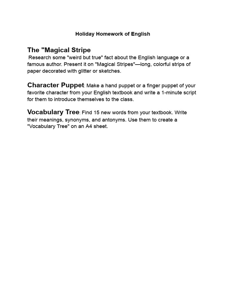 Holiday Homework of English | PDF
