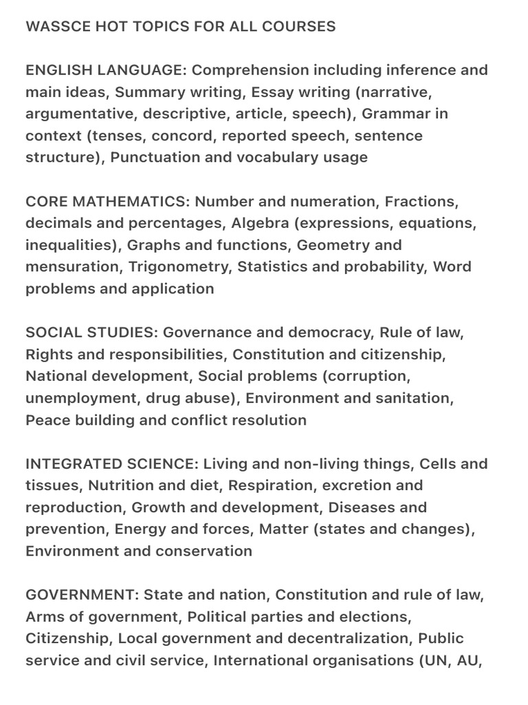 WASSCE Hot Topics for All Subjects | PDF | Agriculture | Determinant