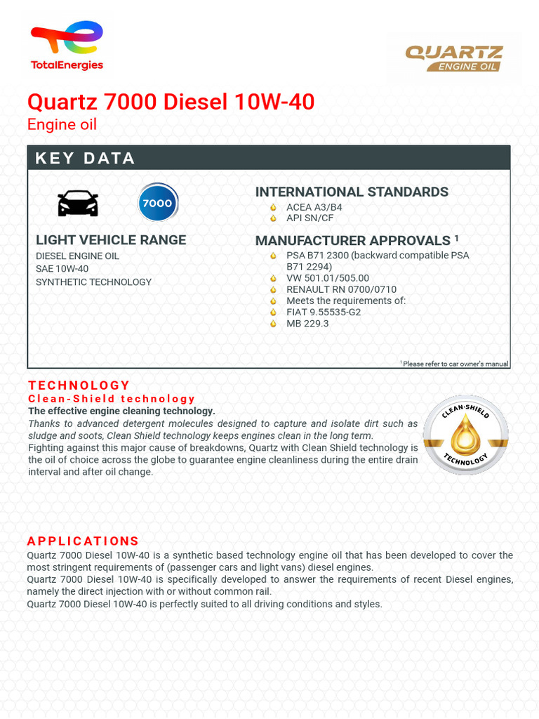 Quartz 7000 Diesel 10W-40 Engine Oil | PDF | Motor Oil