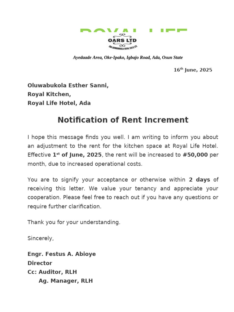 Rent Increase Notification for Royal Kitchen | PDF