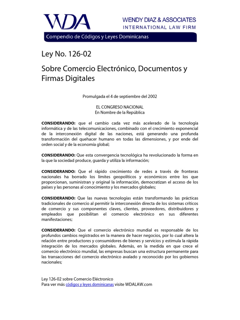 Ley 126 02 Pdf Comercio Electrónico República Dominicana