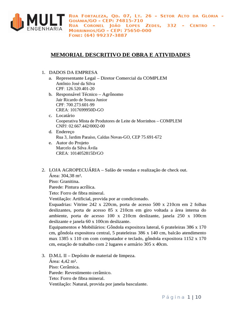 Memorial Descritivo de Obra Agropecuária | PDF | Desperdício | Materiais