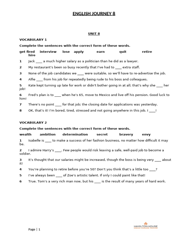 Vocabulary and Grammar Exercises 8 | PDF