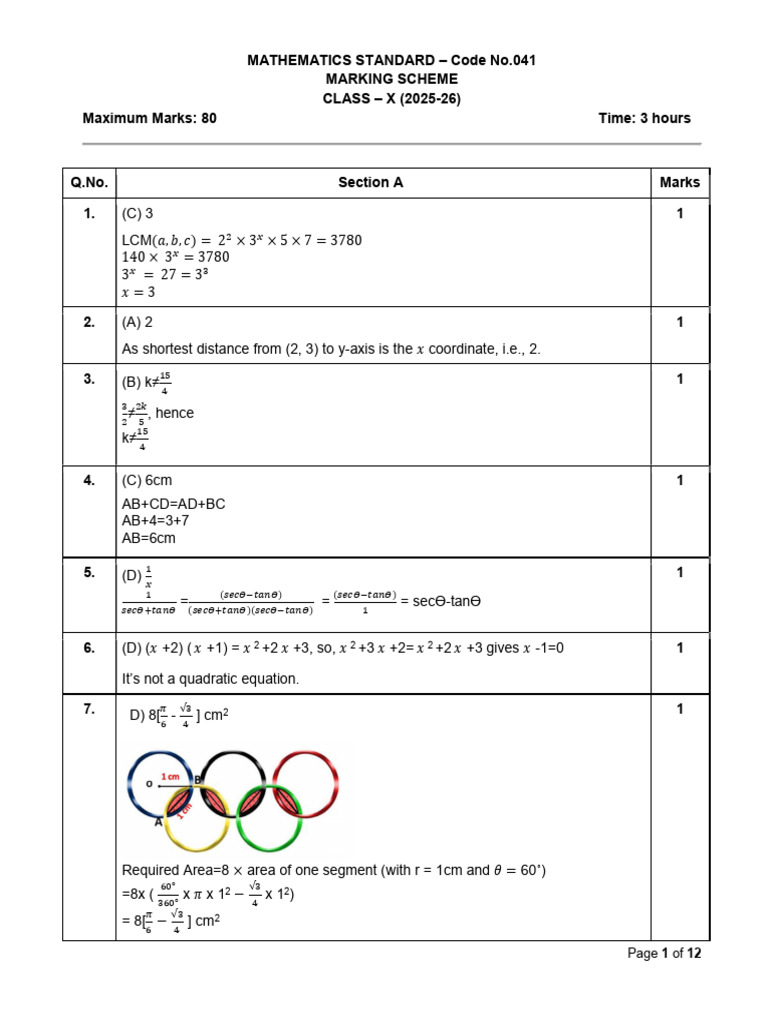 Class X Mathematics Marking Scheme 2025-26 | PDF | Circle | Area
