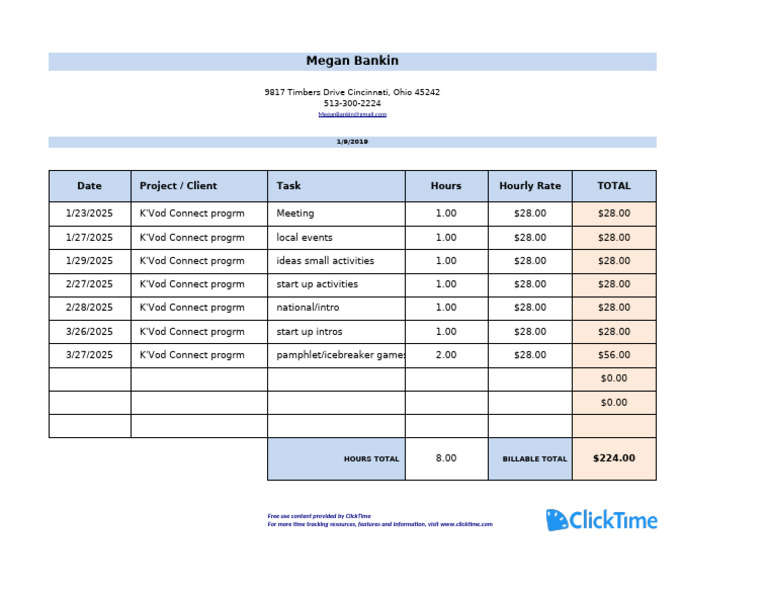 K'Vod Connect Program Time Log | PDF