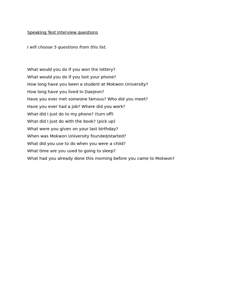 Speaking Test Questions | PDF