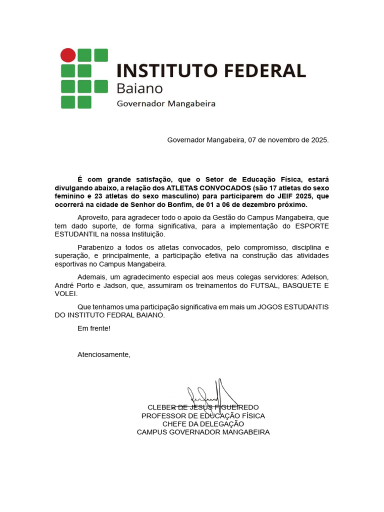 Convocação Para o Jeif-1_251126_200526 | PDF | Esportes