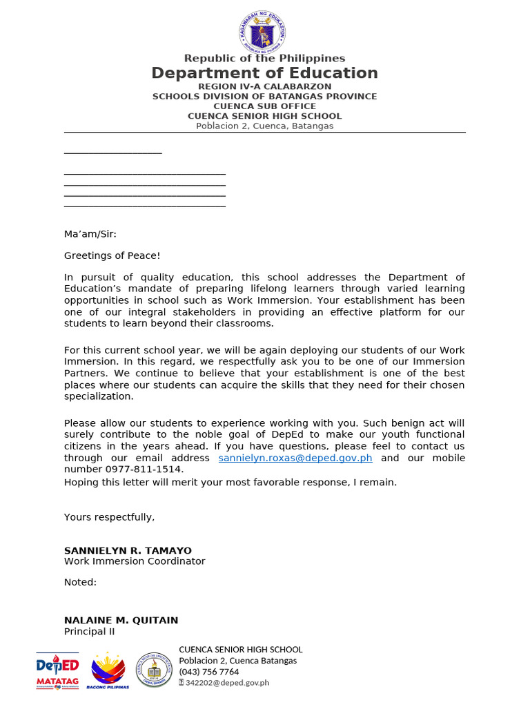 Cuenca Senior High School Work Immersion | PDF