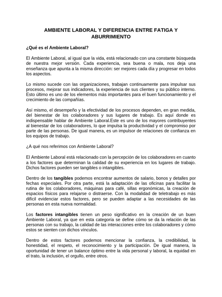 Ambiente Laboral y Diferencia Entre Fatiga y Aburrimiento | PDF ...