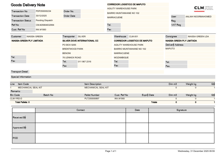 Goods Delivery Note for Niassa Green | PDF | Freight Transport
